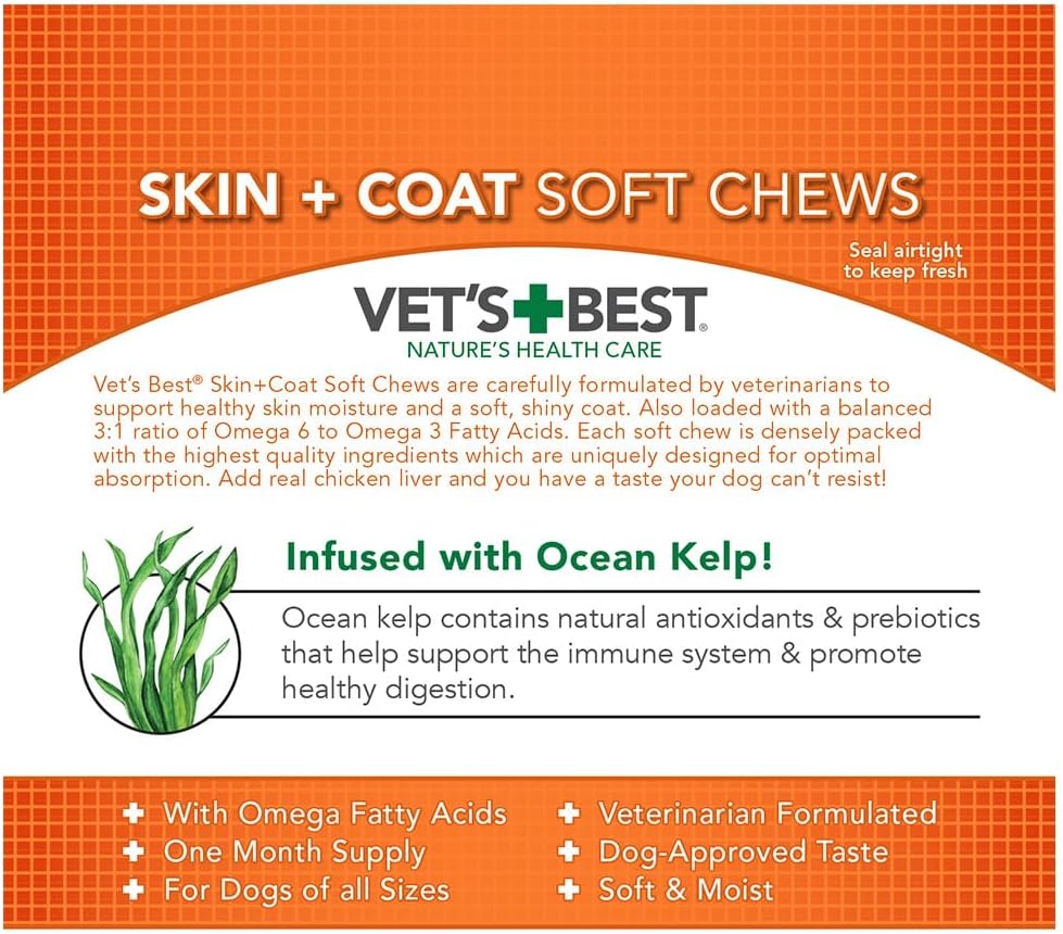 Vet's Best Skin & Coat Dog Supplements - Formulated with Vitamin E and Biotin to Maintain Dogs Healthy Skin and Coat - 50 Chewable Tablets