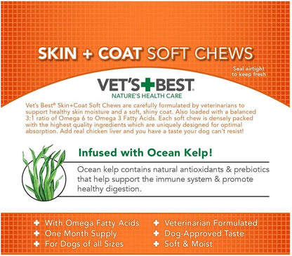 Vet's Best Skin & Coat Dog Supplements - Formulated with Vitamin E and Biotin to Maintain Dogs Healthy Skin and Coat - 50 Chewable Tablets