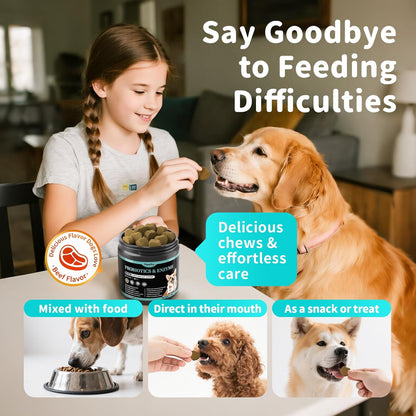 Probiotics for Dogs, Digestive Enzymes & Pumpkin Fiber for Gut Health and Bowel Support, Dog Supplement for Gas Relief & Constipation, 10B CFU with 5 Prebiotics & 5 Enzymes, 90 Count Beef Flavor