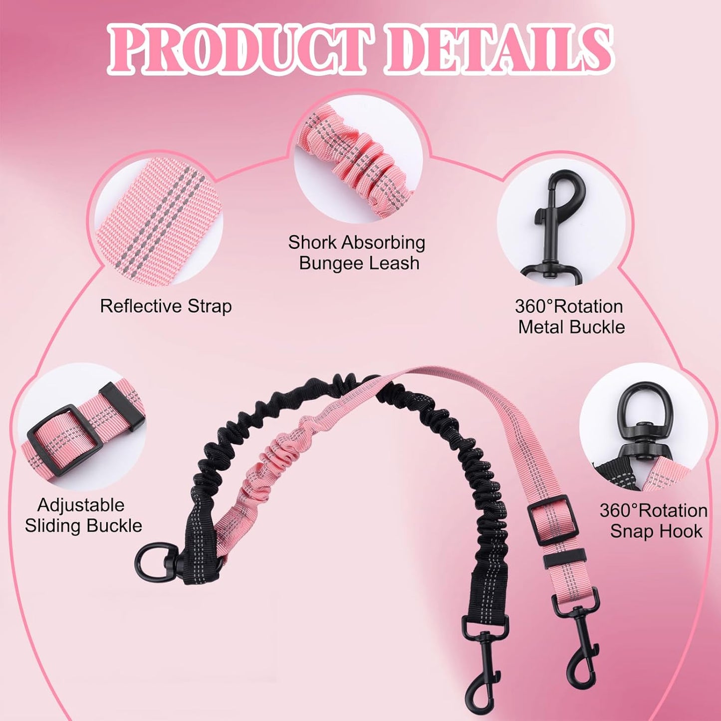 Double Dog Leash Coupler-360°Swivel,2 PCS No Tangle Walking Leash with Shock Absorbing Bungee for Outdoor Walk Train Small Medium Pet(Pink,Purple)