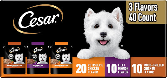 Cesar Filets in Gravy Wet Dog Food Rotisserie Chicken Flavor, Filet Mignon Flavor, and Wood-Grilled Chicken Flavor Variety Pack, 1.76 oz. Mini-Pouches, 40 Pack