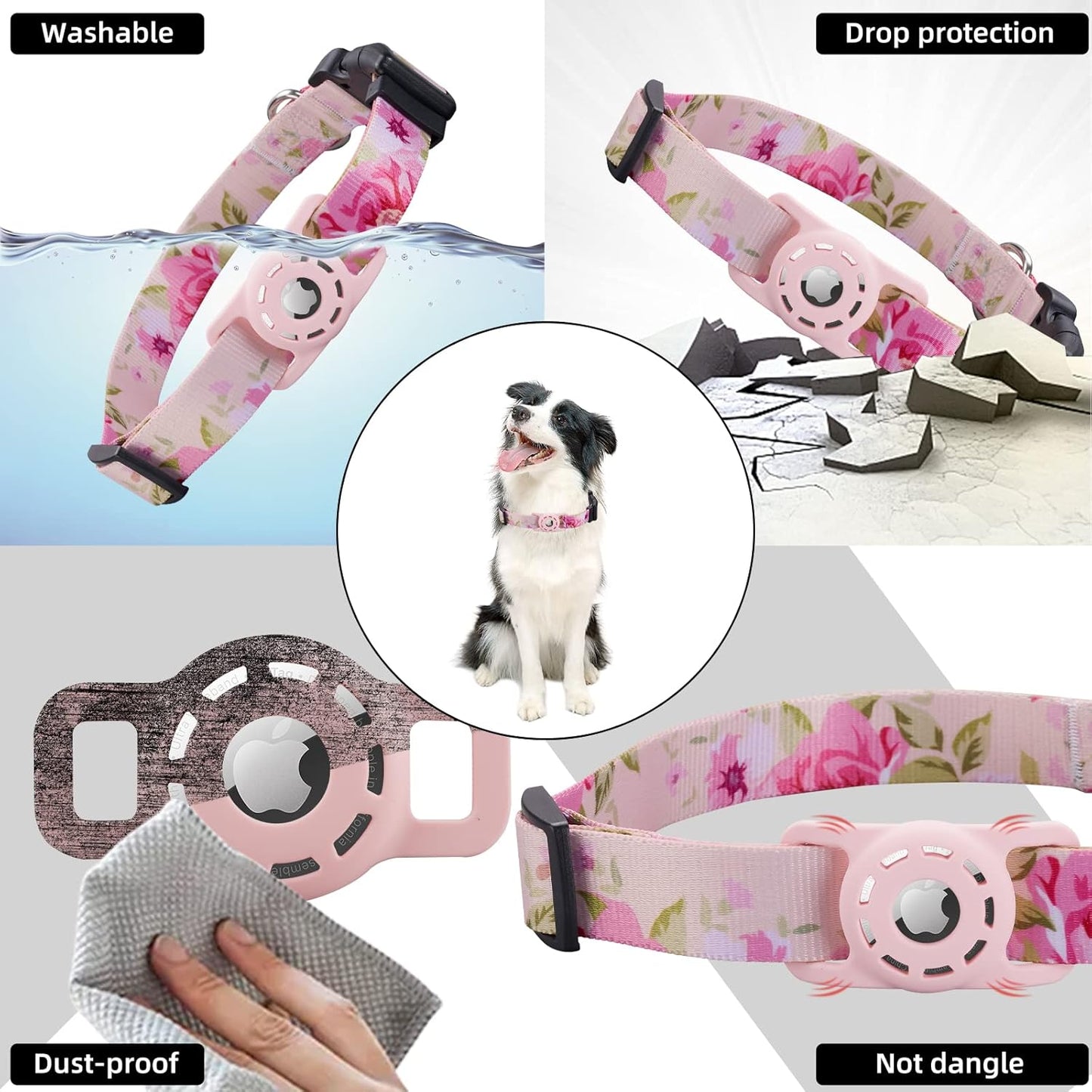 Dog Collar, Compatible with AirTag, Polyester Pet Cat Puppy Collar for Small, Medium, Large, & Extra Large Dogs, Pink Rose, S: 9.8''-15.7'' Neck