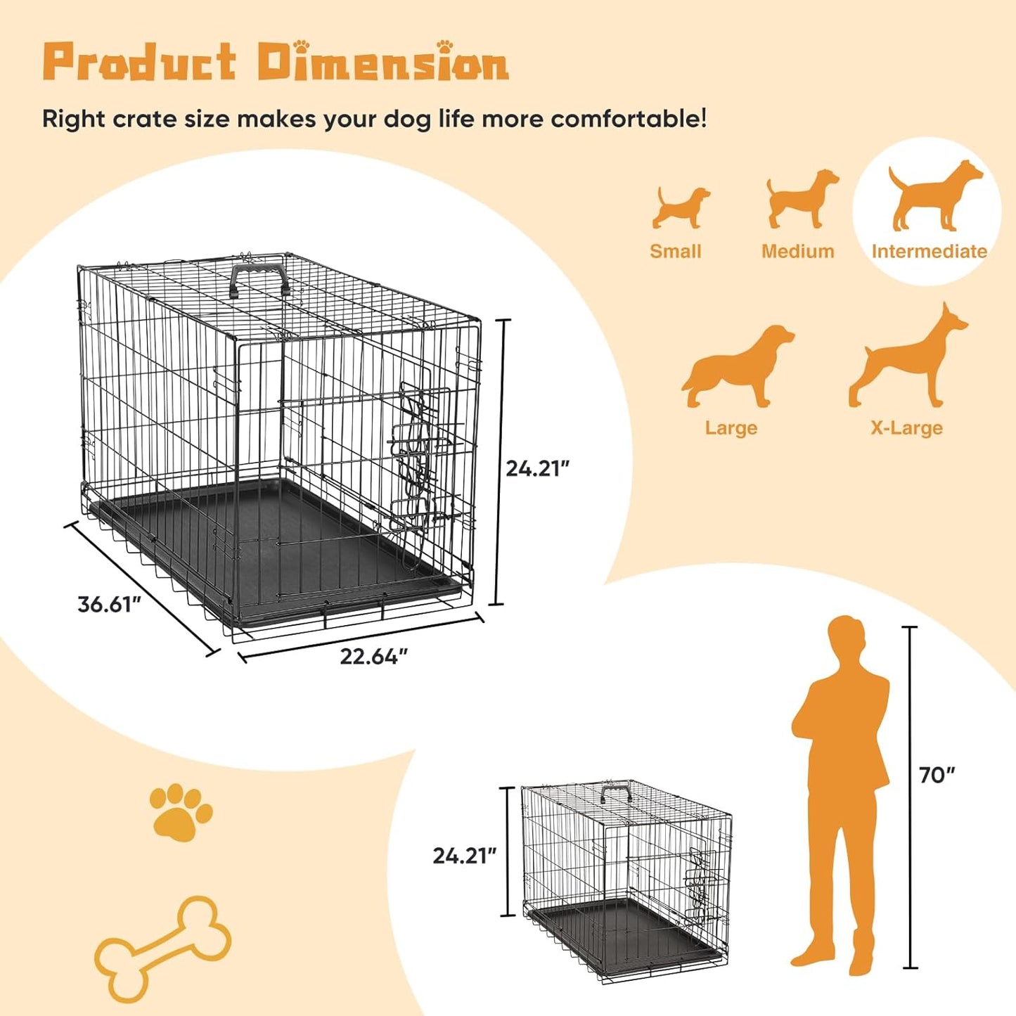 DUMOS Dog Crate, 36 Inch Medium Double Door Dog Cage with Plastic Leak-Proof Pan Tray, Folding Metal Wire Pet Kennel for Indoor, Outdoor, Travel, Black