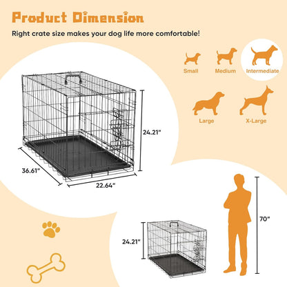DUMOS Dog Crate, 36 Inch Medium Double Door Dog Cage with Plastic Leak-Proof Pan Tray, Folding Metal Wire Pet Kennel for Indoor, Outdoor, Travel, Black