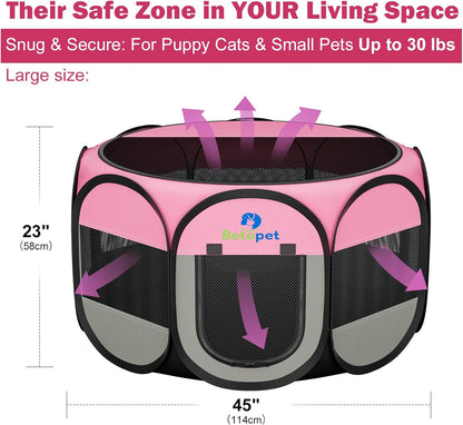 Playpen for Small Dogs Cats Crate: Puppy Play Pen Indoor Outdoor Foldable Potable Exercise Cage Pop up Kennel for Guinea Pig Rabbits Hamster Travel with Carrying Case & Food Bowl (Pink, L, 1)