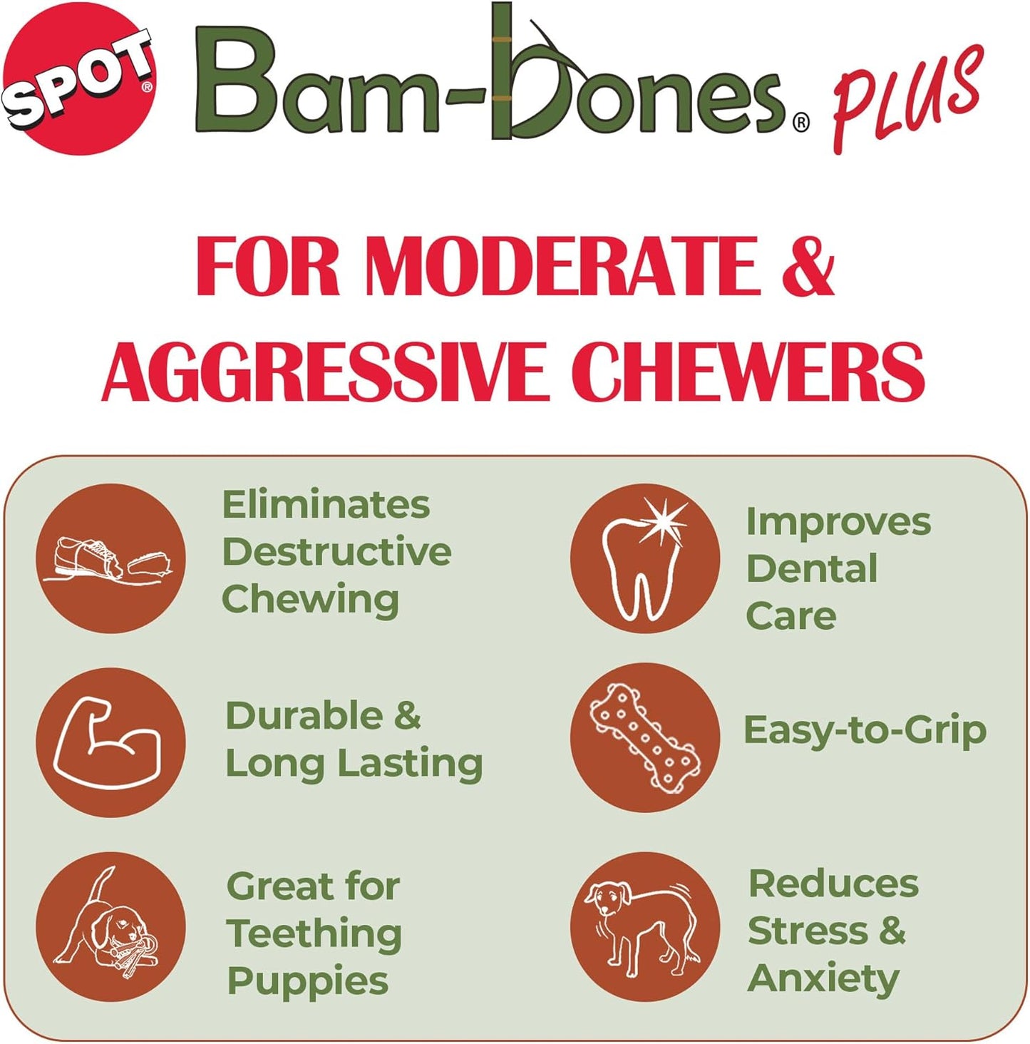 SPOT Bam-Bones Plus T Bone – Bamboo Fiber & Nylon Dog Chew Toy for Moderate to Aggressive Chewers, Durable Long Lasting & Non-Splintering, Beef Flavor Toy for Adult Dogs & Puppies Under 60 lbs, 6 in