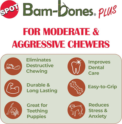 SPOT Bam-Bones Plus T Bone – Bamboo Fiber & Nylon Dog Chew Toy for Moderate to Aggressive Chewers, Durable Long Lasting & Non-Splintering, Beef Flavor Toy for Adult Dogs & Puppies Under 60 lbs, 6 in