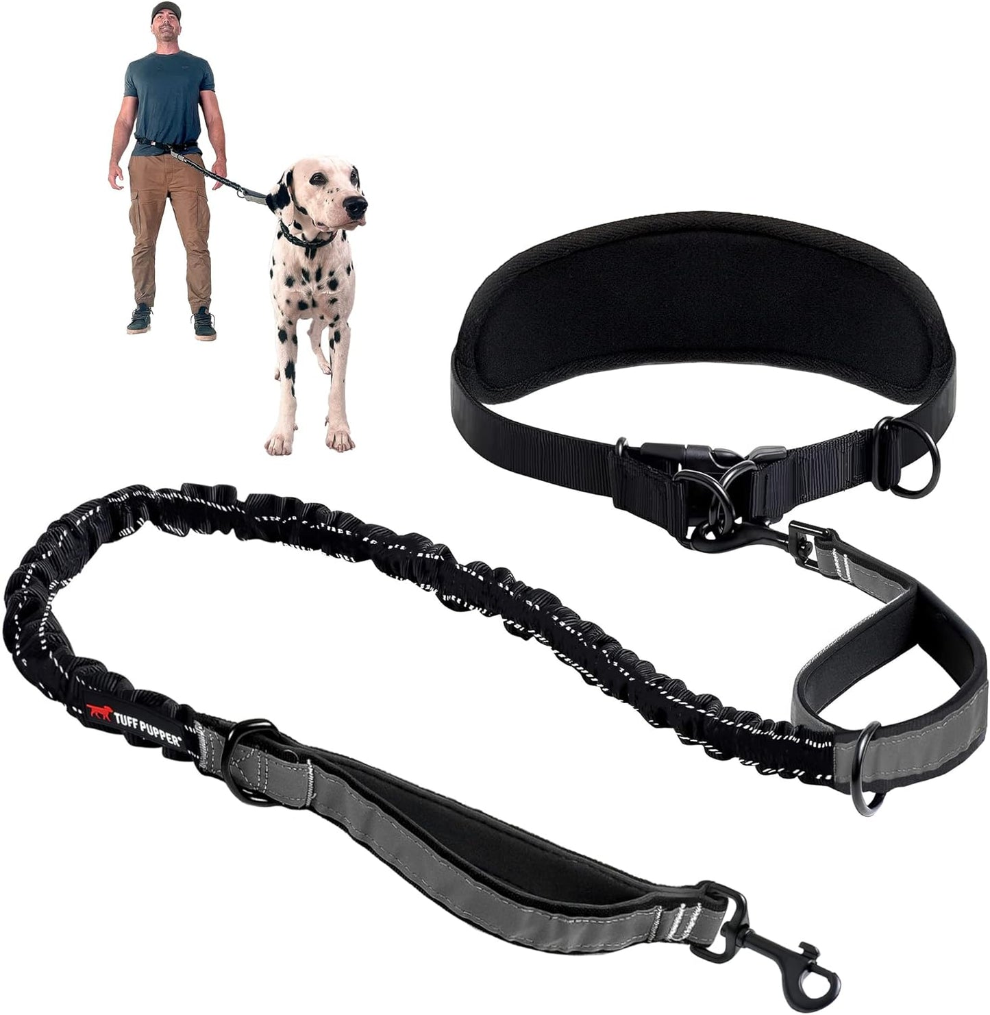 Tuff Pupper Heavy Duty Hands Free Dog Leash | One Large Dog Up to 125 lbs | Comfortable Shock Absorbing Bungee | Reflective Padded Handles | Lumbar Waist Belt 26-38" | Walking Jogging Running Leash