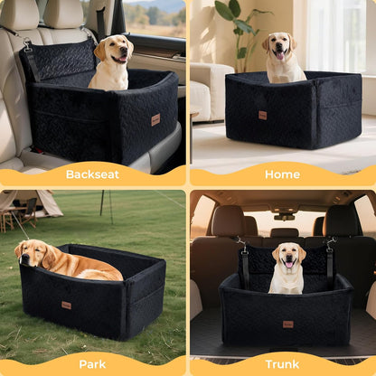 Dog Car Seat for Large Medium Dogs up to 60 lbs – Elevated Dog Booster Seat for Cars with Extra-Safe 14in High Front, Memory Foam Cushion, Washable Cover, Backseat Pet Car Bed (Black)