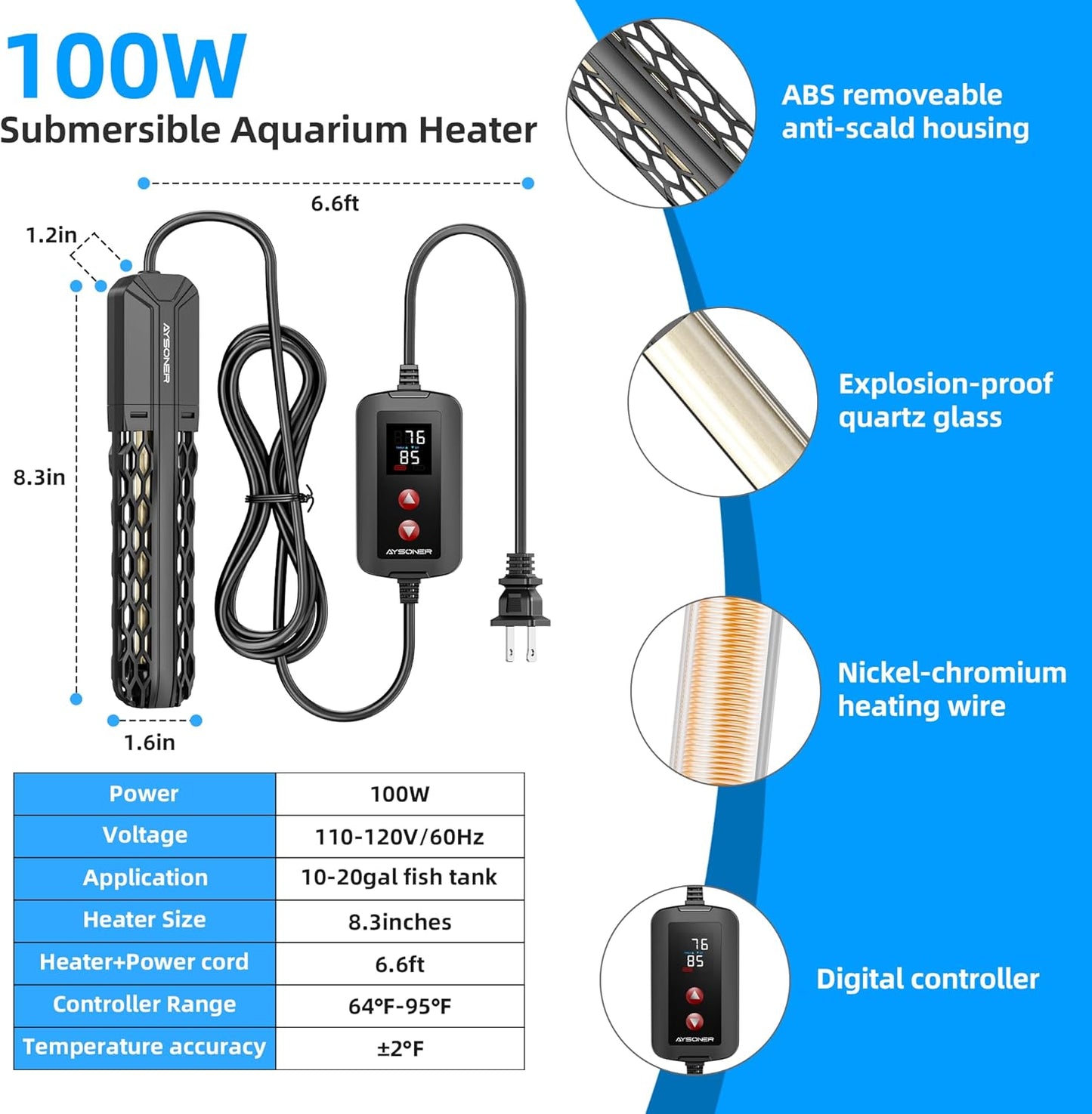 Aysoner Aquarium Heater for Fish Tank: 100W Adjustable Submersible Thermostat with Off-Water Protection & UL Certified Cord for 10-20 Gallons Fish Turtle Tank Enthusiasts