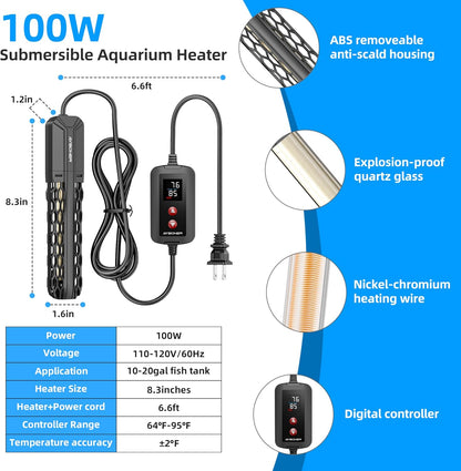 Aysoner Aquarium Heater for Fish Tank: 100W Adjustable Submersible Thermostat with Off-Water Protection & UL Certified Cord for 10-20 Gallons Fish Turtle Tank Enthusiasts