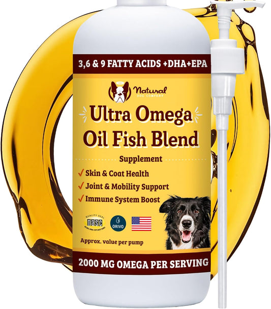Natural Dog Company Ultra Omega Oil for Dogs a 2000 MG Omega 3, 6, 9 with Salmon, Pollock & Flaxseed Oil, EPA & DHA, Dog Supplement for Skin, Coat, Joints, Allergy & Itch Relief, Dog Fish Oil 16oz