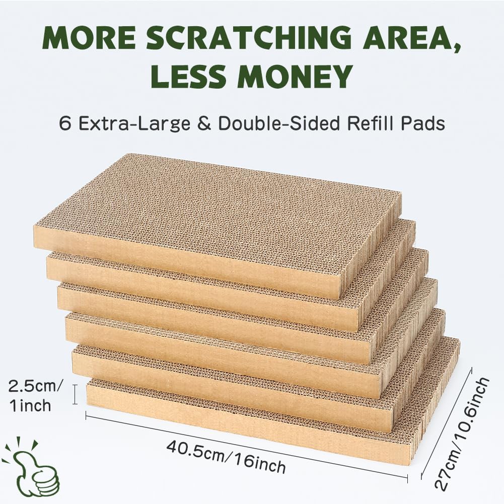6 Pack Cat Scratch Pad with Box, Cardboard Cat Scratcher for Indoor Cats, Reversible Scratching Board with Lounge Bed for Small Medium Cats & Kittens
