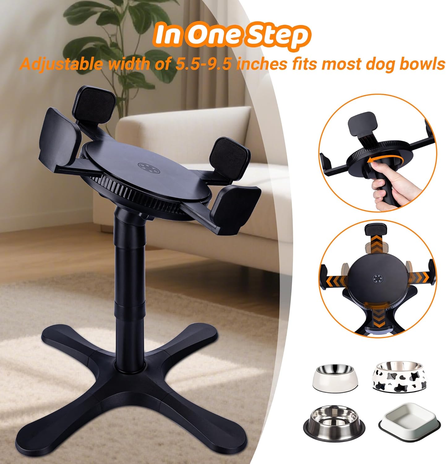 Elevated Dog Bowls Slow Feeder, 3 Adjustable Stand Heights and Width, Non-Slip Foot Mats, Tilting Raised Dog Bowls for Small, Medium and Large Dogs Breed (1 Pack), Black