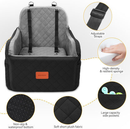 Dog Car Seat for Small & Medium Dogs, Detachable & Washable Booster Seat for Pets Up to 35lbs, Pet Travel Bed with Storage Pockets and Safety Belt (Black/Grey, Medium)