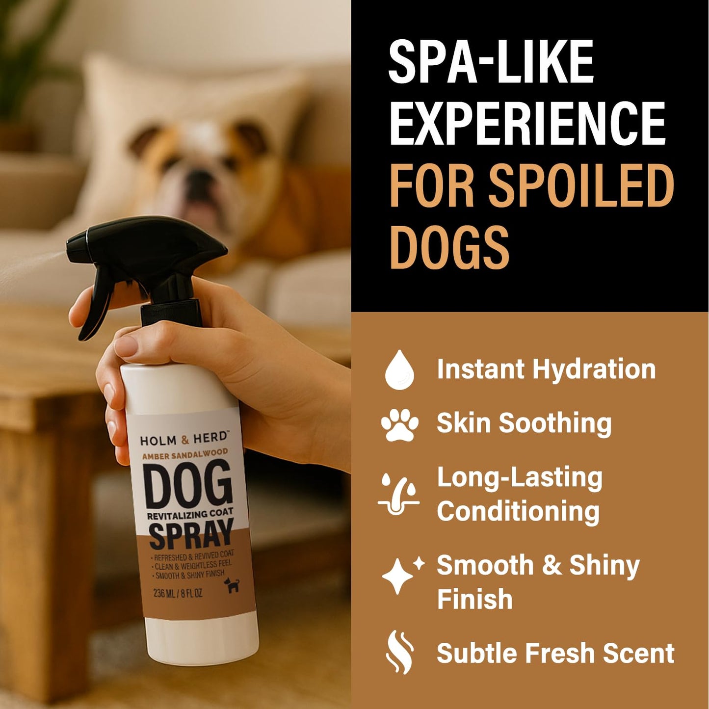 Holm & Herd Dog Deodorizing Spray – Long-Lasting Dog Coat Perfume, Leave-In Conditioner for Soft, Shiny Fur – Pet Cologne for Dogs - Amber Sandalwood 8oz