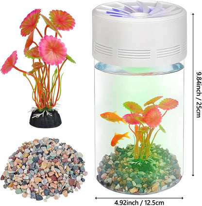 Ecological Fish Tank with LED Attraction Light - Aquarium Starter Kit Includes Decorative Aquatic Plants & Sand - Desktop Small Plastic Transparent Fish Bowl Suitable for Living Room, Bedroom, Office