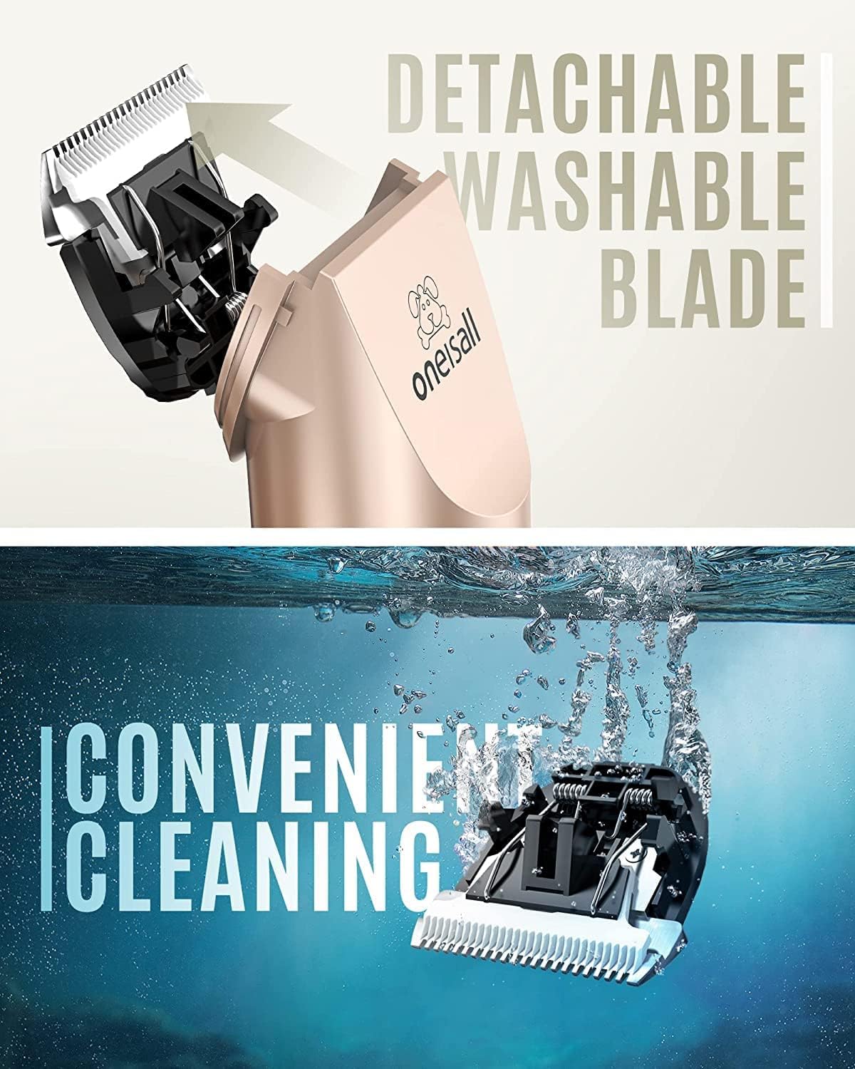 oneisall Dog Clipper Low Noise, Dog Grooming Kit with Rechargeable, Pet Shaver Cordless Electric Quiet Hair Clipper Set for Dogs Cats Pets（Gold）