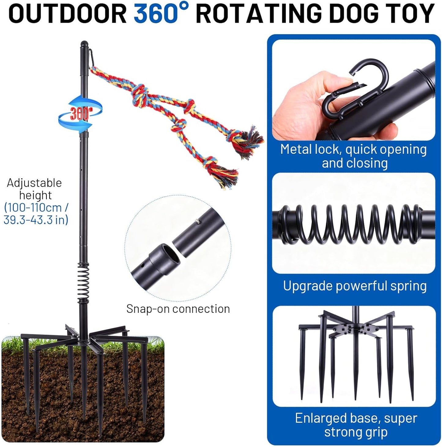 Tether Tug Outdoor Dog Toy,Tether Interactive Dog Tug Toy,Spring Pole For Dogs in Park,Yard,Lawn,2 Rope Toy and Bell Pull Chase and Solo Play,Tether Tug For Large Dogs,For Medium Small Dogs(Black)