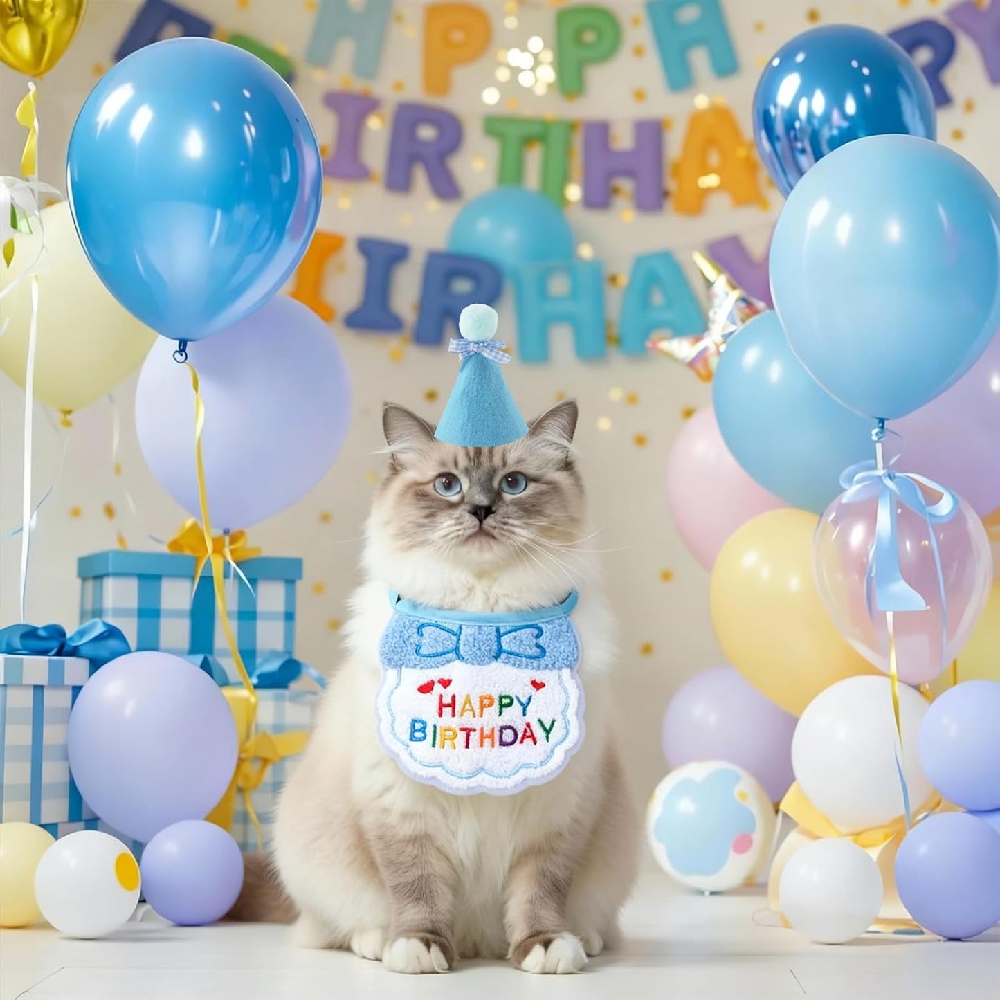 Cat Kitten Birthday Bandana Hat, 1Set Numbers Pet Birthday Decorations Outfits, Cute Cats Kittens Apparel Birthday Outfits, Blue Hat with Numbers Cat Bandana Pet Decorations
