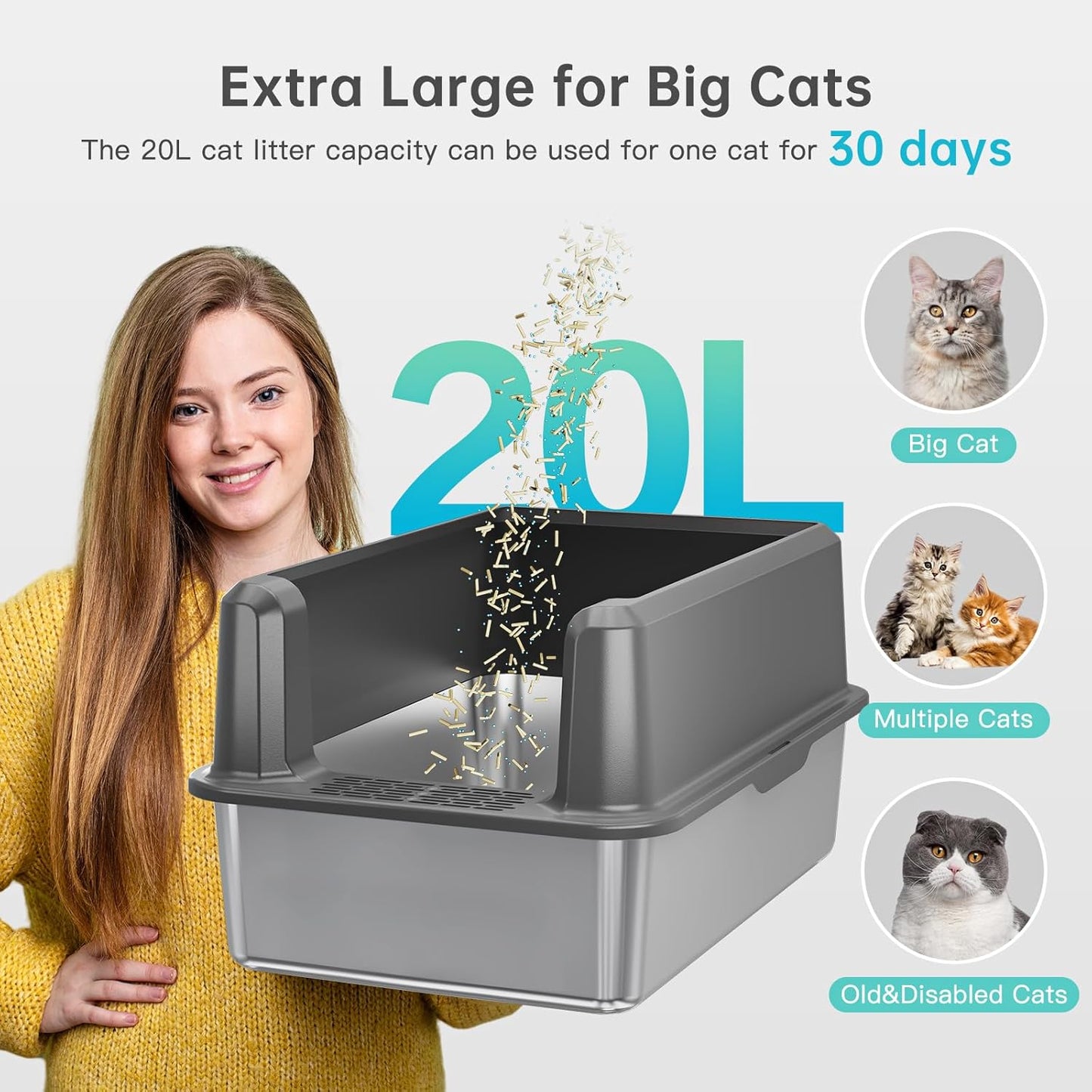 Enclosed Stainless Steel Cat Litter Box with Lid, XL Extra Large Litter Box for Big Cats, Metal Litter Pan High Sided, Never Absorbs Odors, Anti-Urine Leakage, Easy Cleaning, Include Scoop