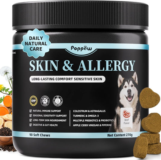 Dog Skin & Allergy Chews - Dog Probiotics for Sensitive Skin Health Support - Allergy Relief - Support Seasonal Allergies, Immune & Gut & Digestive Health Supplement - Beef Flavor - 90 Count