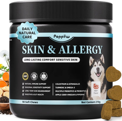 Dog Skin & Allergy Chews - Dog Probiotics for Sensitive Skin Health Support - Allergy Relief - Support Seasonal Allergies, Immune & Gut & Digestive Health Supplement - Beef Flavor - 90 Count
