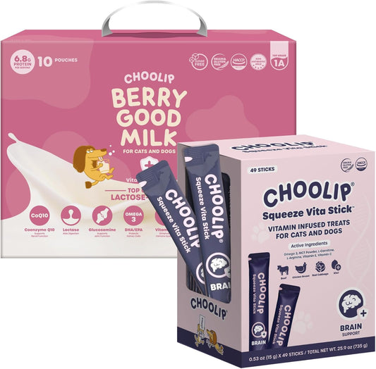 Choolip Bundle | Berry Good Milk 10pk Vitamin-Infused + 49pc Brain Support Squeeze Vita Sticks with Essential multivitamins [Both Products are for Cats & Dogs of All Life Stages]