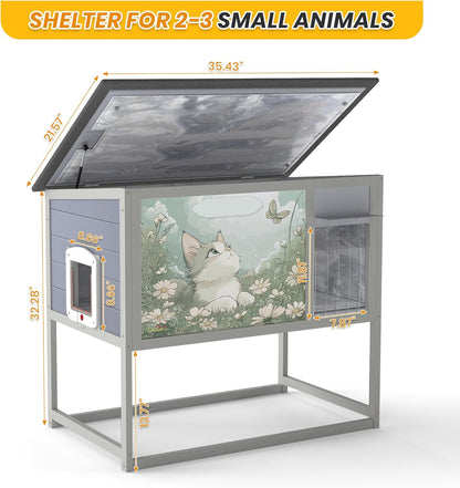 Insulated Warm Outdoor Cat House & Condos, Raised Weatherproof Kitten Shelter for Outside with All-Round Foam, Feral Cat Wooden Enclosure for Small Medium