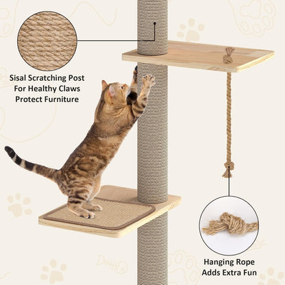 Cat Window Perch with Scratching Post & Step, 47" Adjustable Window Perch for Large Cats, Cat Hammock for Window with Suction Cups, Multi-Level Cat Tree for Climbing, Sunbath, Bird Watching