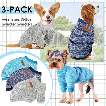 3 Pack Dog Sweaters for Small Dogs Girl Boy Winter Fleece Clothes Warm Soft Dog Sweatshirt Outfit for Dogs Cats Pet Apparel (Navy Blue+Grey+Light Blue, Small)