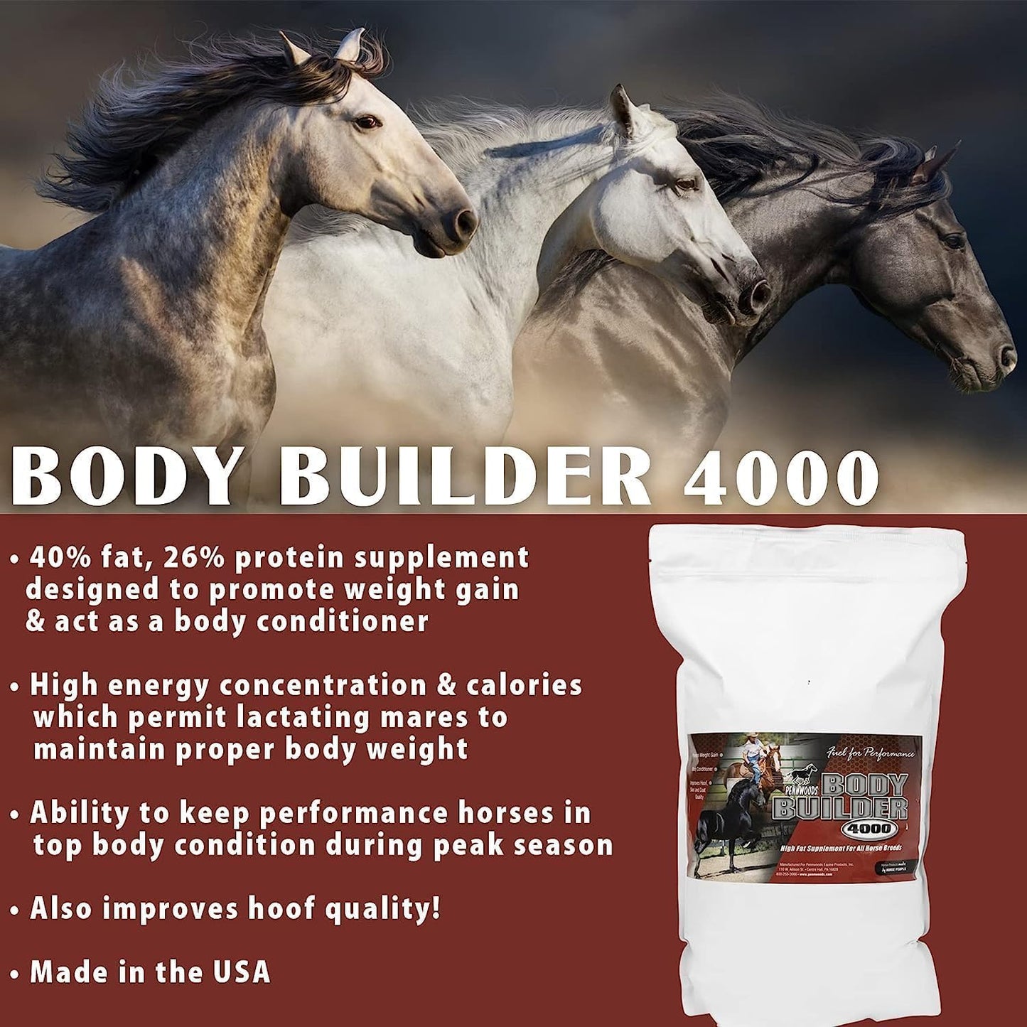 Pennwoods Body Builder 4000, Horse Weight Gain Supplement, High Fat and Energy Horse Weight Builder with Body Conditioning Horse Vitamins, Improves Hoof Quality - 25 LB Bag