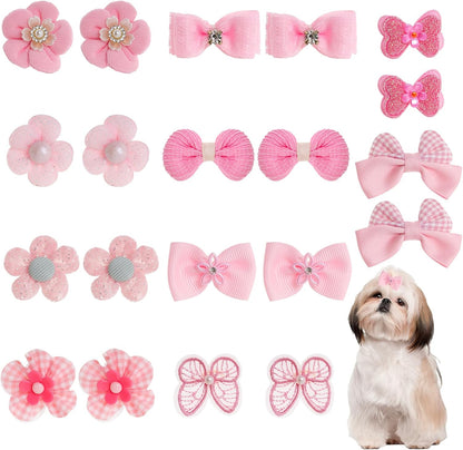 20Pcs Light Pink Small Dog Hair Bows Cute Puppy Dog Bowknot Hair Bow Bulk with Rubber Bands Elastic Lace Rhinestone Pearls Hair Ties Mix Style Handmade Flower Bow Dog Cat (Light Pink, Cute pattern)