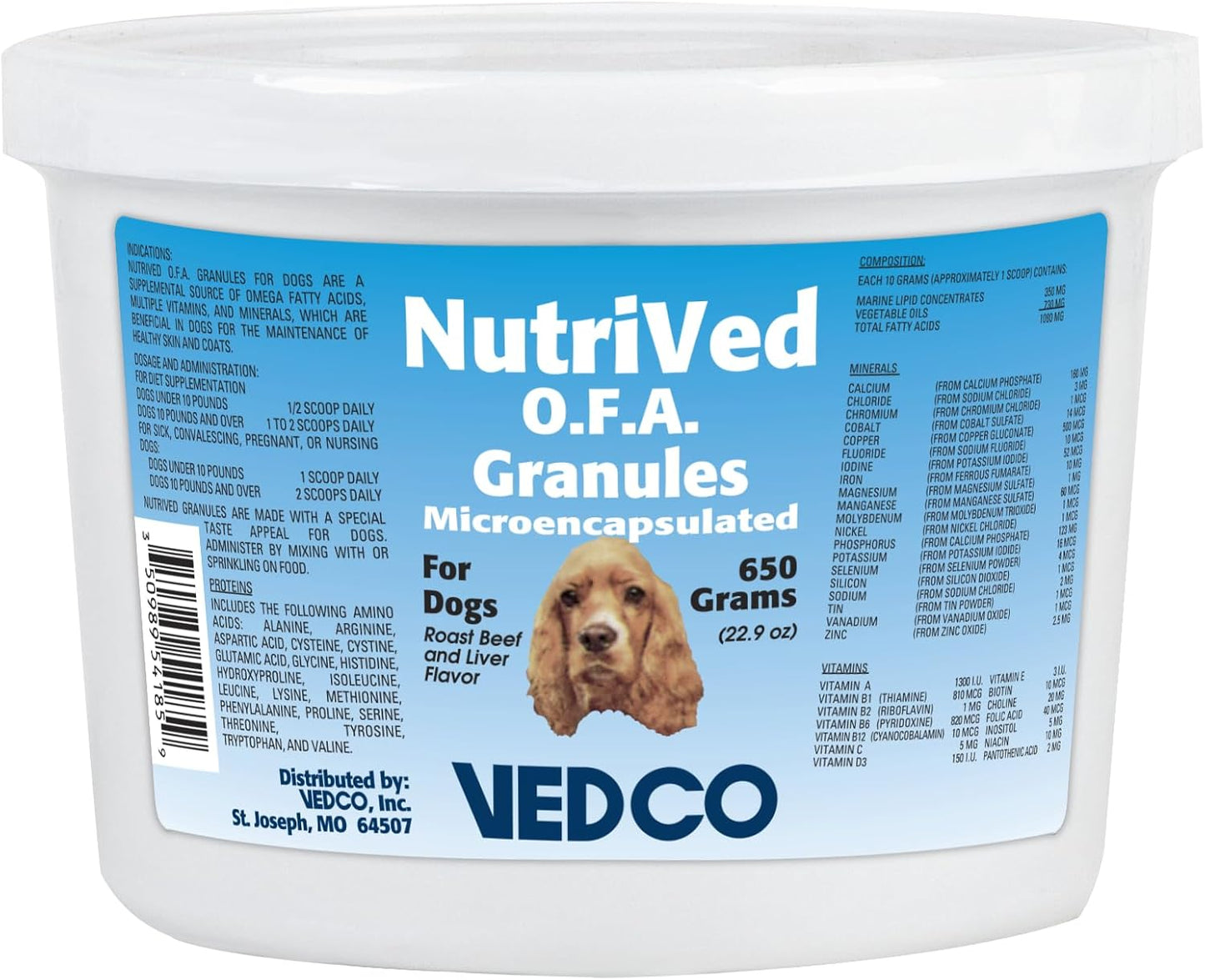 Vedco NutriVed OFA Granules for Dogs, Microencapsulated Vitamin & Mineral Supplement, Roast Beef and Liver Flavor, 650 Grams