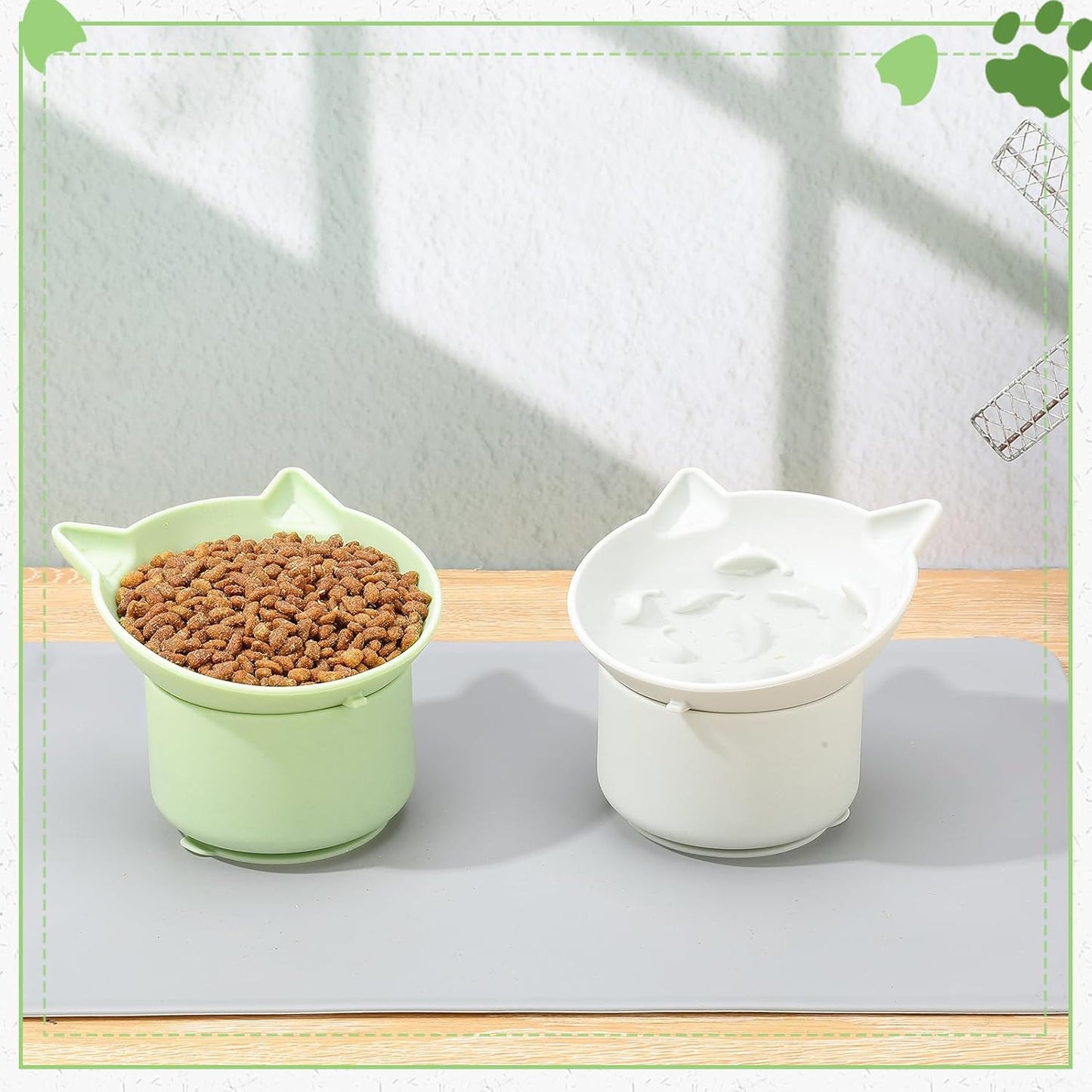 2 Pack Gray, Green Slow Feeder for Cat Bowls, Silicone Tilted Raised Pet Bowl with Non Slip Base for Digestion Anti Vomit