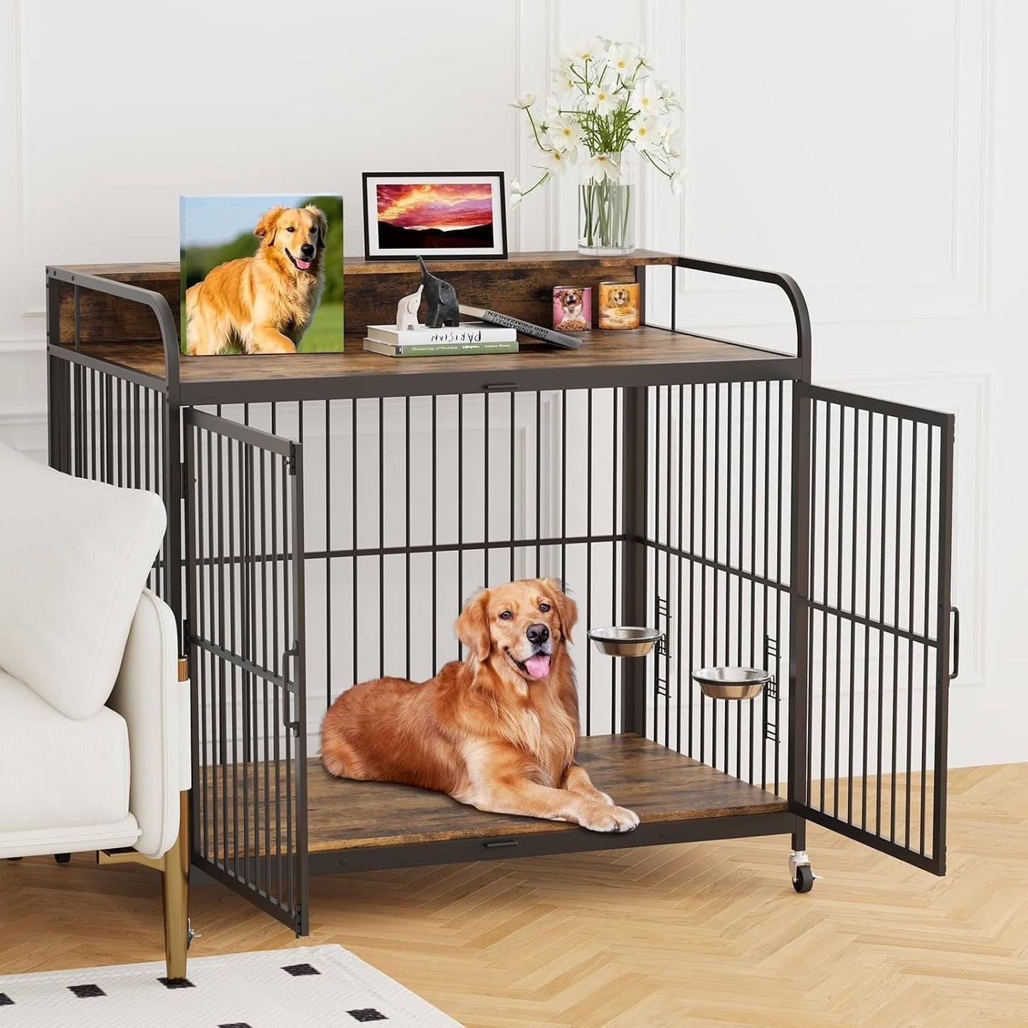 Dog Crate Furniture with Adjustable Height Feeder, Heavy Duty Dog House for Large Dogs with 360°Wheels for Easy Mobility, Decorative End Table Design(48''L x 29.92''W x 44.29''H)