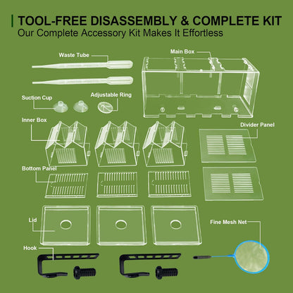 Triple-Chamber Aquarium Fish Breeder & Isolation Box, Transparent Hatching Incubator Tank with Suction Cups & Hook, Nursery for Livebearer Guppy Fry Breeding and Betta Fish, Shrimp Quarantine