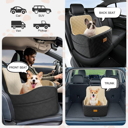 Dog Car Seat for Small/Medium Dogs Under 35lbs, Detachable & Washable Elevated Pet Travel Bed, 2 Storage Pockets & Safety Belt, Anti-Slip Base, Dog Booster Car Seat with Seamless Bottom Design