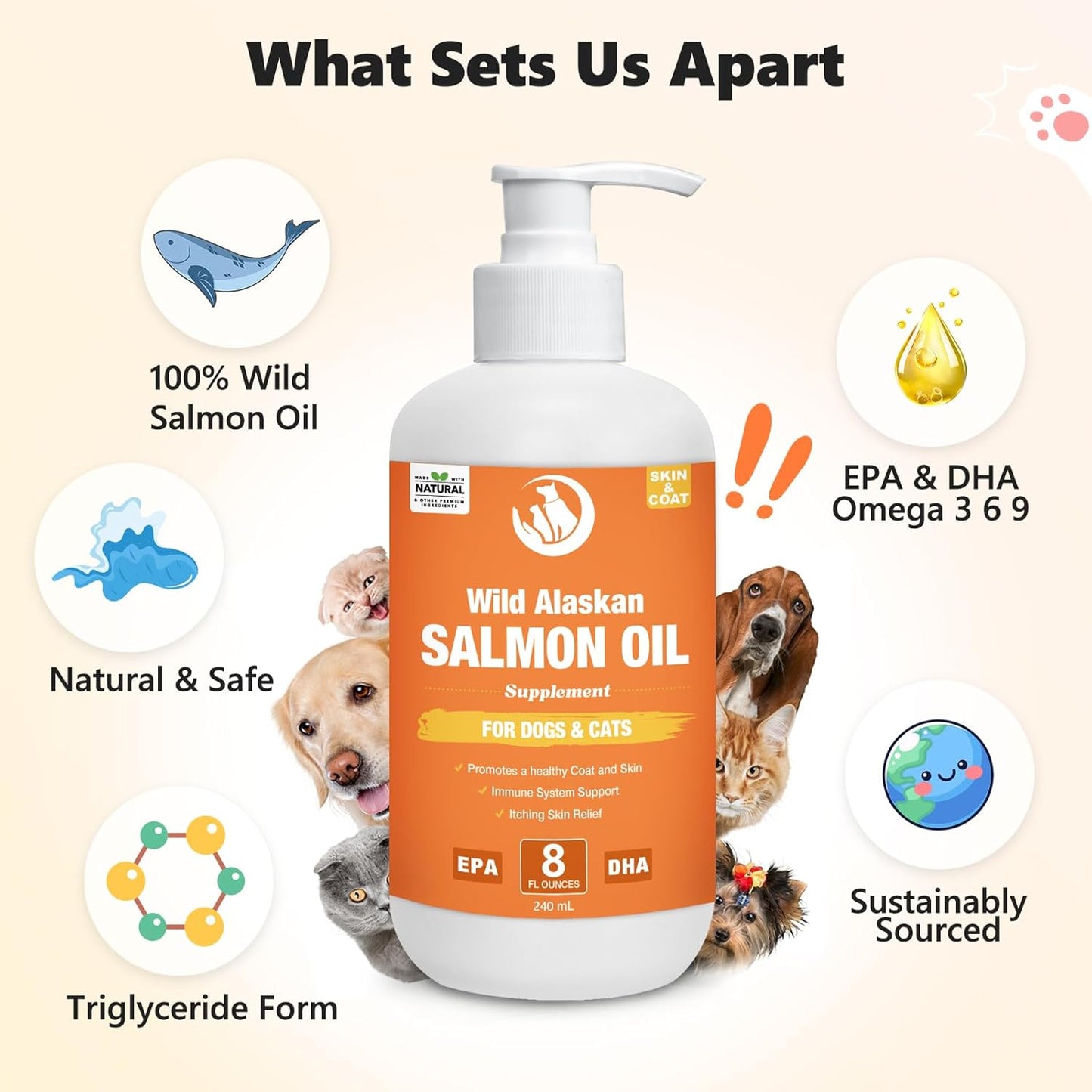Wild Salmon Oil for Dogs & Cats 8oz Omega 3 Fish Oil Skin & Coat Supplement Pure Fish Omega 3 6 9 Liquid EPA DHA Fatty Acids - Itchy Relief Supports Joint Function, Brain, Eye, Immune & Heart Health