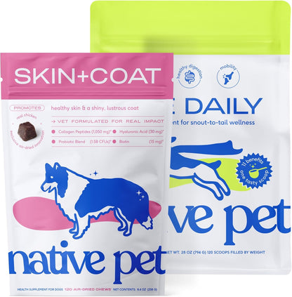 Native Pet Omega Skin and Coat Chews for Dogs (120 Air-Dried Chews) & The Daily Dog Supplement (120 Scoops) - Promotes Healthy Skin, Shiny Coat, Strong Joints & 11-in-1 Multivitamins Bundle