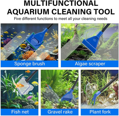5 in 1 Fish Tank Cleaner Kit Aquarium Cleaning Tools with 19 Inch Anti-Slip Handle Fish Tank Cleaner with Algae Scraper and Fish Net