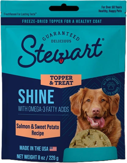 Stewart Freeze Dried Dog Food Topper, Shine, Salmon and Sweet Potato Recipe, 8 Ounce Pouch, Omega-3 for a Healthy Coat