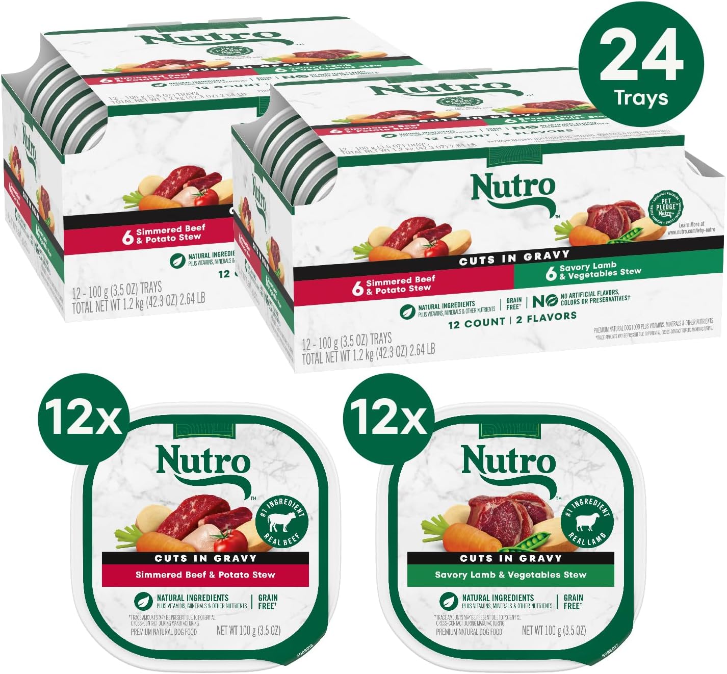 Nutro Natural Choice Cuts in Gravy Wet Dog Food Lamb Beef Variety Pack, 3.5 oz. Trays (12 Count, Pack of 2)