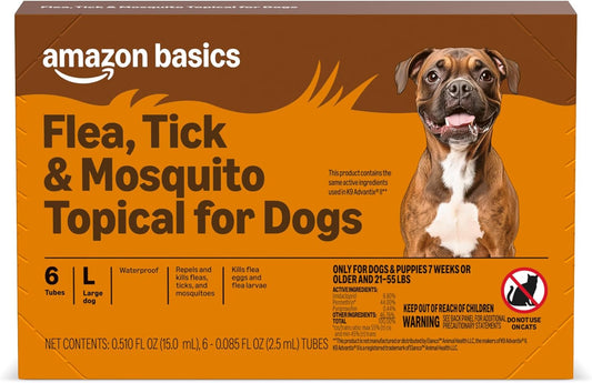Amazon Basics PreventativeFlea, Tick & Mosquito Topical Treatment for Large Dogs (21-55 pounds), 6 Count, Packaging May Vary