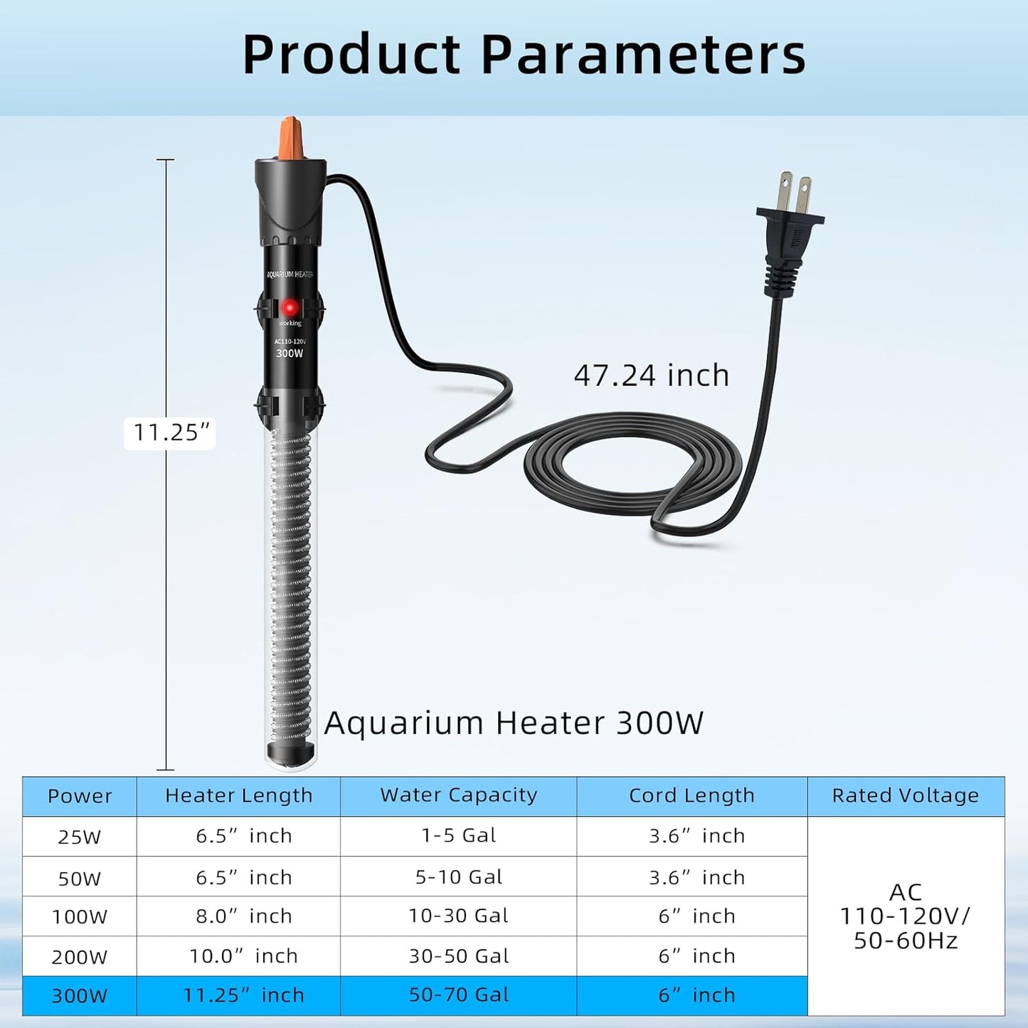 HiTauing Aquarium Heater 300W, Adjustable Knob Fish Tank Heater with 2 Powerful Suction Cups, Submersible Betta/Turtle Tank Heater for Freshwater and Saltwater Tanks