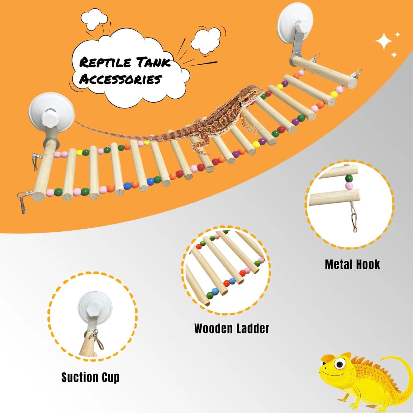 Bearded Dragon Tank Accessories, Wooden Ladder Hammock with Suction Cups for Terrarium, Habitat Climbing Accessories for Bearded Dragon, Gecko, Snake and Other Small Reptile