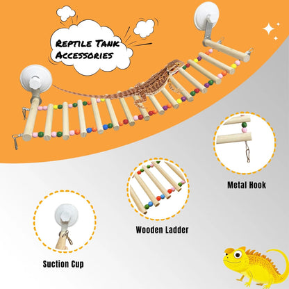 Bearded Dragon Tank Accessories, Wooden Ladder Hammock with Suction Cups for Terrarium, Habitat Climbing Accessories for Bearded Dragon, Gecko, Snake and Other Small Reptile