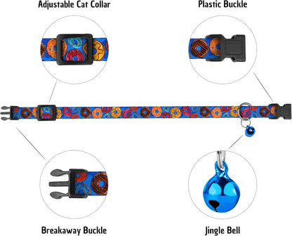 4PCS Breakaway Cat Collars with Bell - Cute Soft Adjustable Safety Kitten Collars 4-Pack - Nylon Pet Collars Nature Tribal Striped Floral Space Aztec Flowers Print (Travel & Cookies)