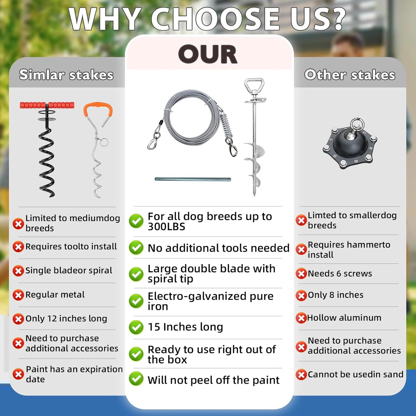 Heavy Duty Dog Tie-Out Cable and Stake for Yard Camping, with 50Ft Heavy Duty Cable with Spring, for Small Medium Large Dogs up to 200 lbs, 360°Swivel Dog Run- No Tangle, Spiral Dog Stake (Set)