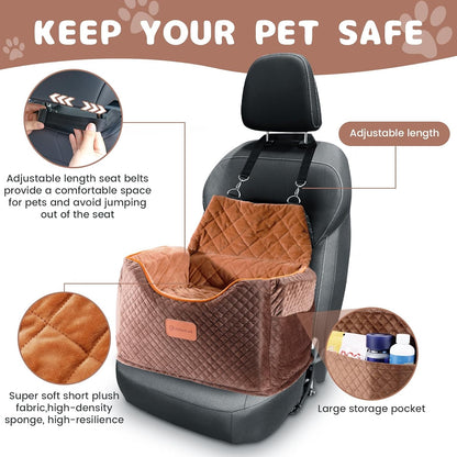 Memory Foam Booster Dog Car Seat with Washable Removable Cover, Elevated Pet Car Seat, Anti-Slip Sturdy Booster Seats for Small Dogs 35lbs, Seat Belt, Storage Pocket, Dog Blankets